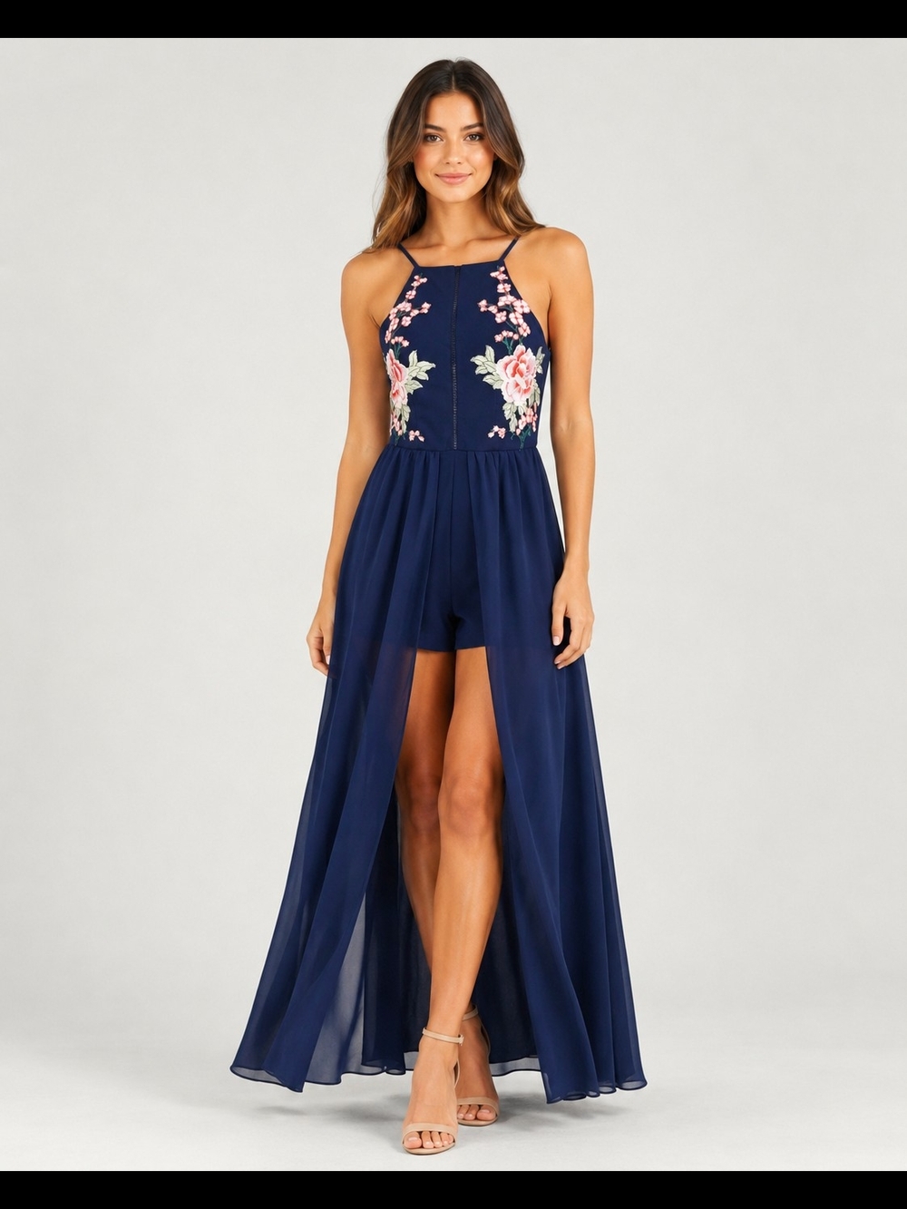 Womens Navy Floral Embroidered Sleeveless Halter Maxi Shorts Romper Size XS